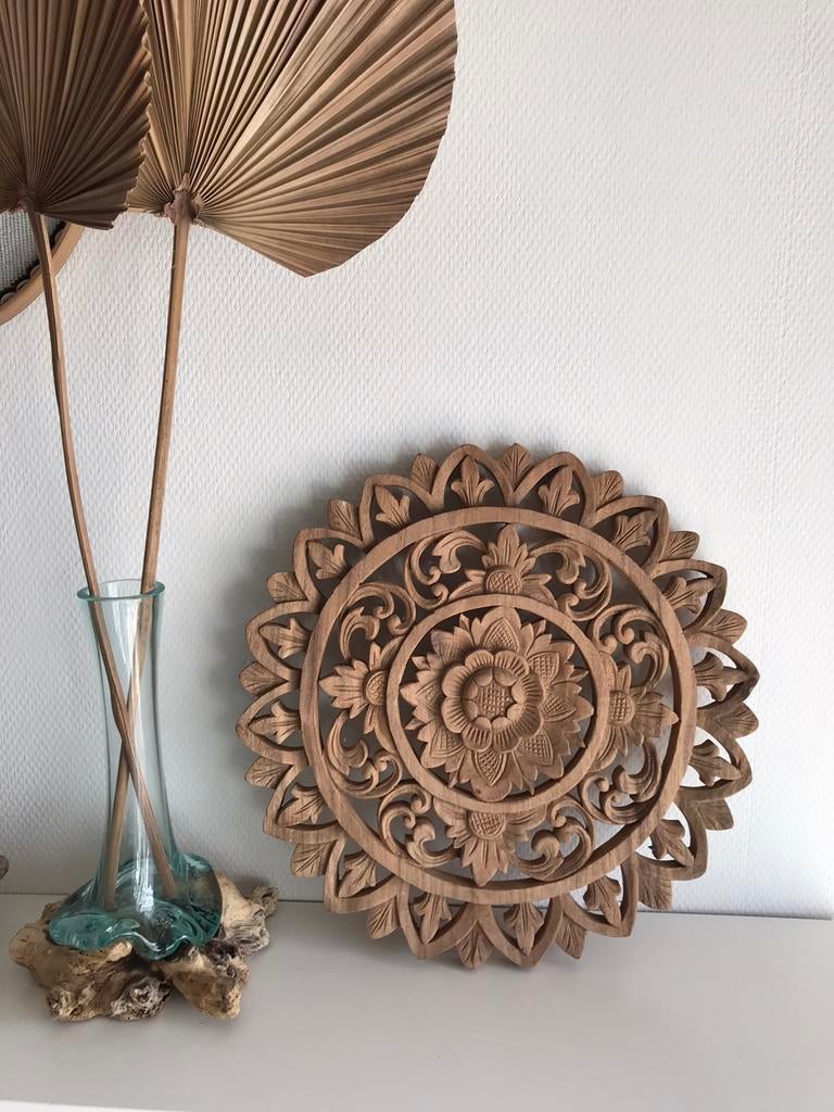 Houtsnijwerk handgemaakt wandhanger wanddecoratie mandala, Boho, Hout, Nieuw, Ophalen of Verzenden