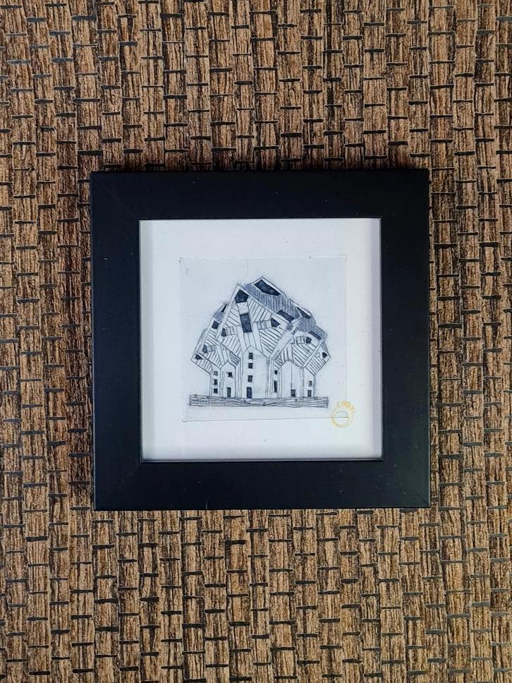 Ets Blaakse bos, kubuswoningen, Rotterdam 10x10 cm, Huis en Inrichting, Woonaccessoires | Schilderijen, Tekeningen en Foto's, Nieuw