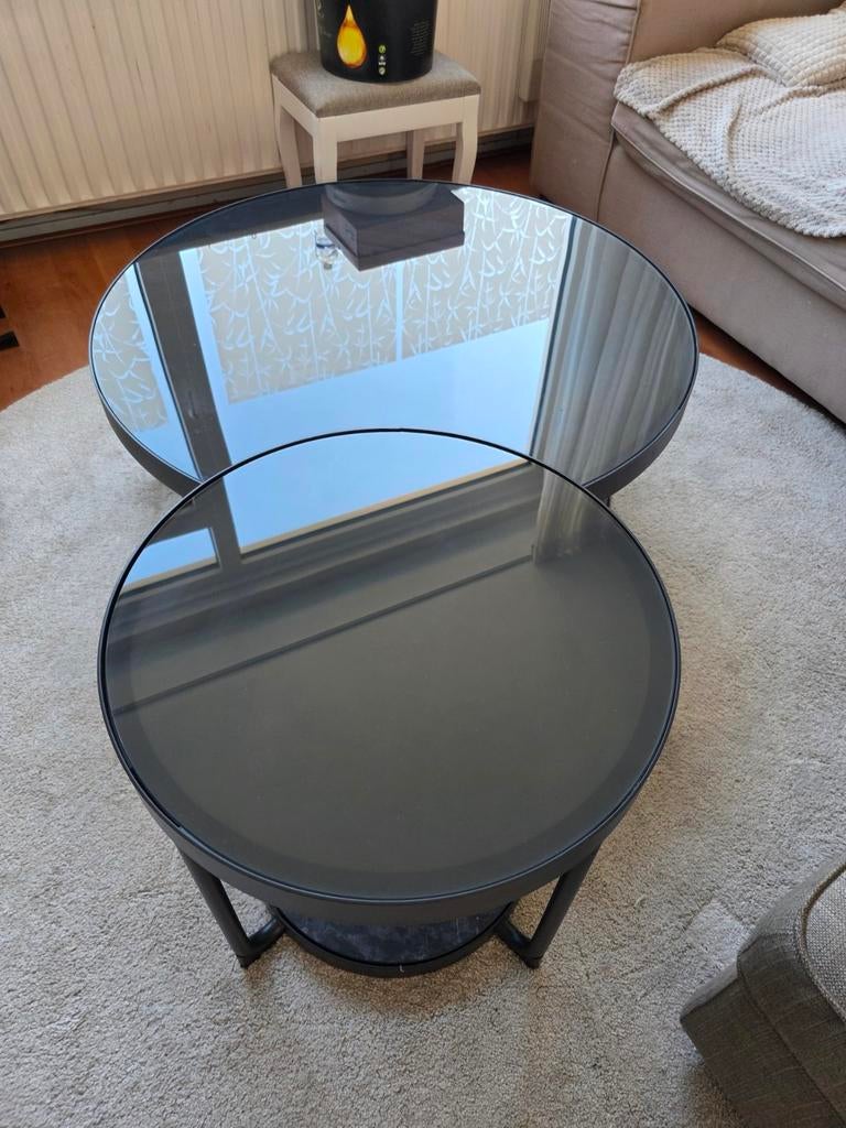 IKEA Frötorp Salontafel Set - Rond, Zwart Glas en Metaal, Huis en Inrichting, Tafels | Salontafels, Ophalen, 50 tot 100 cm, Rond