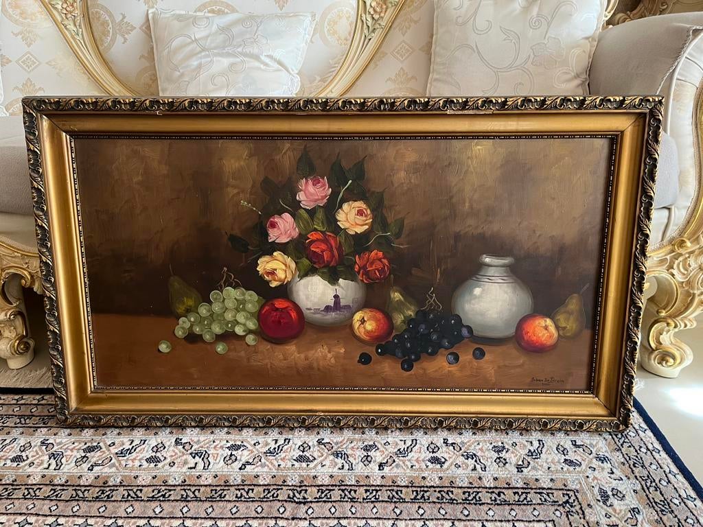 Antiek groot olieverf stilleven schilderij, Ophalen of Verzenden