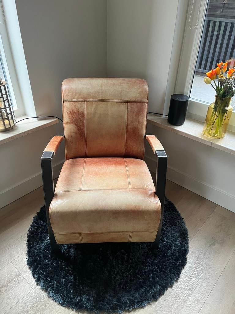 Leren fauteuil met metalen frame, Ophalen, Gebruikt, Industrieel, 50 tot 75 cm