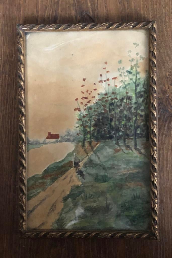 Oud schilderij met landschap en huisje, Antiek en Kunst, Ophalen of Verzenden