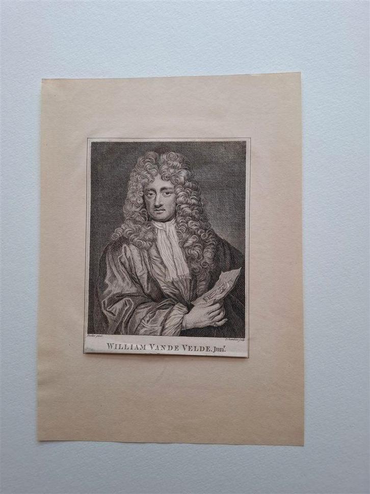 Portret van William van de Velde de jongere, 18e eeuw, Antiek en Kunst, Kunst | Etsen en Gravures, Ophalen of Verzenden