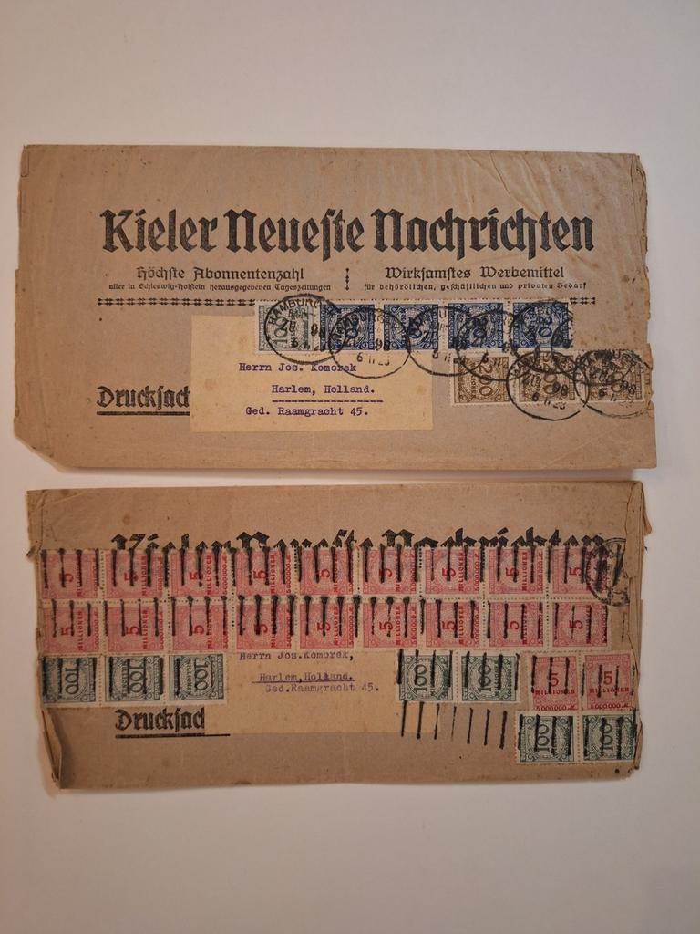 Zeldzame Duitse postzegels op drukwerk uit Kiel, Postzegels en Munten, Postzegels | Europa | Duitsland, Ophalen of Verzenden, Overige periodes