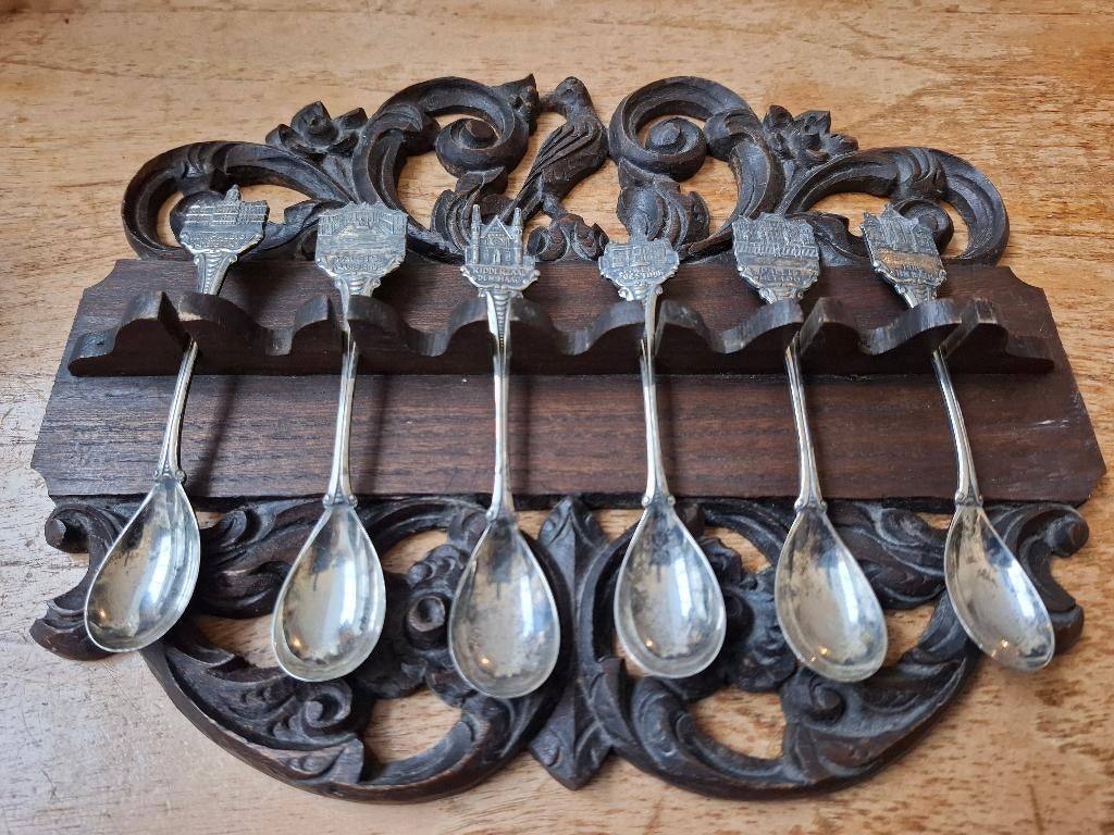 6 verzilverde theelepels nederlandse paleizen houten rekje, Antiek en Kunst, Ophalen of Verzenden