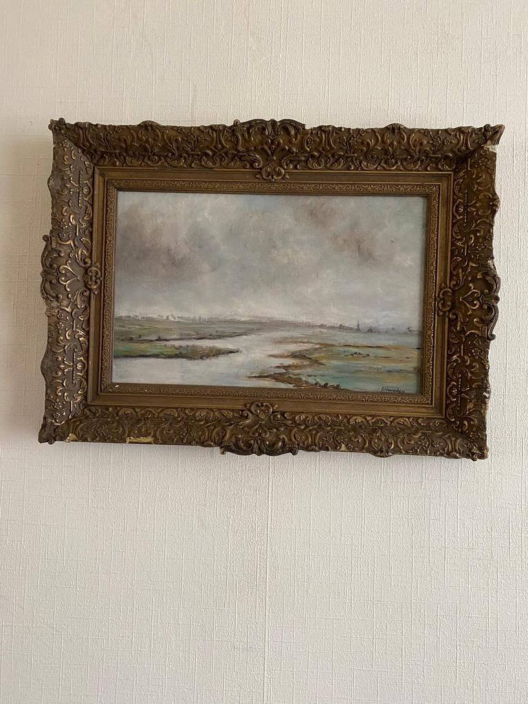 A. Wassenberg schilderij rivier/polderlandschap 70x52cm, Antiek en Kunst, Ophalen