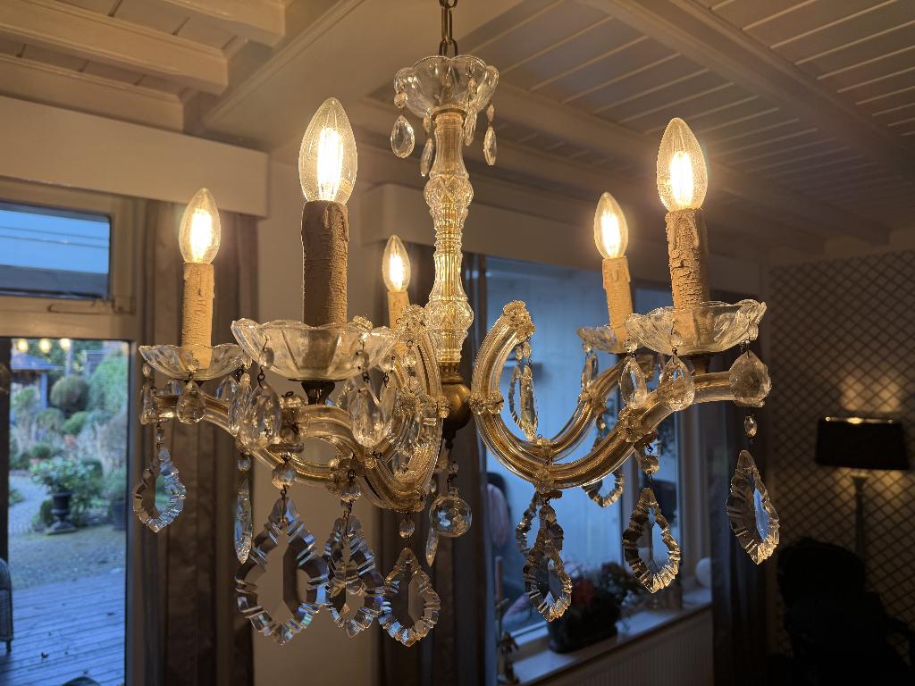 Antieke kroonluchter van glas, 5 armen, Huis en Inrichting, Lampen | Kroonluchters, Ophalen, Gebruikt, Glas, Antiek