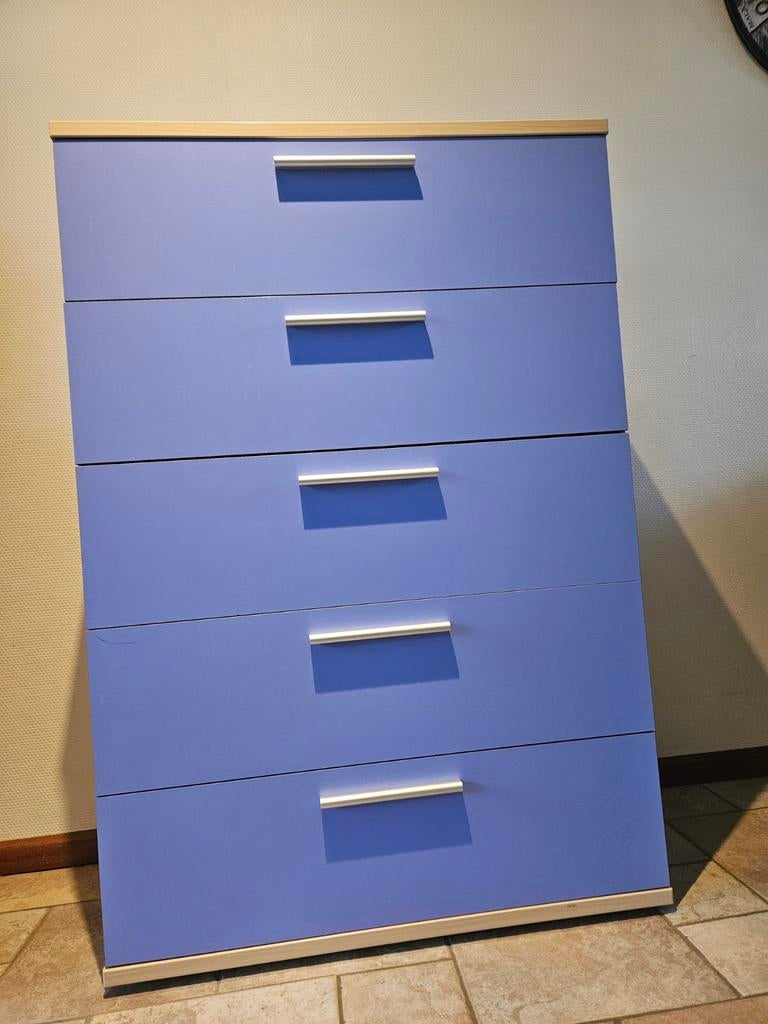 Ladekast met 5 laden, blauw/paars met houtkleurige zijkanten, Huis en Inrichting, Kasten | Ladekasten, Ophalen, Gebruikt, 5 laden of meer