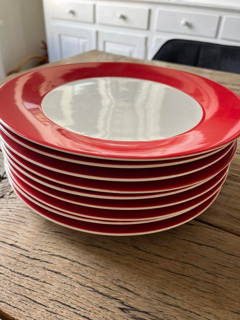 Stapel Hema borden met rode rand, Huis en Inrichting, Keuken | Servies, Ophalen, Bord(en), Overige stijlen, Glas
