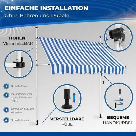 Tillvex- Balkon markies, 300 cm, Blauw/ Wit NIEUW IN DOOS !!, Nieuw, Ophalen of Verzenden, Markies, 250 cm tot 450 cm