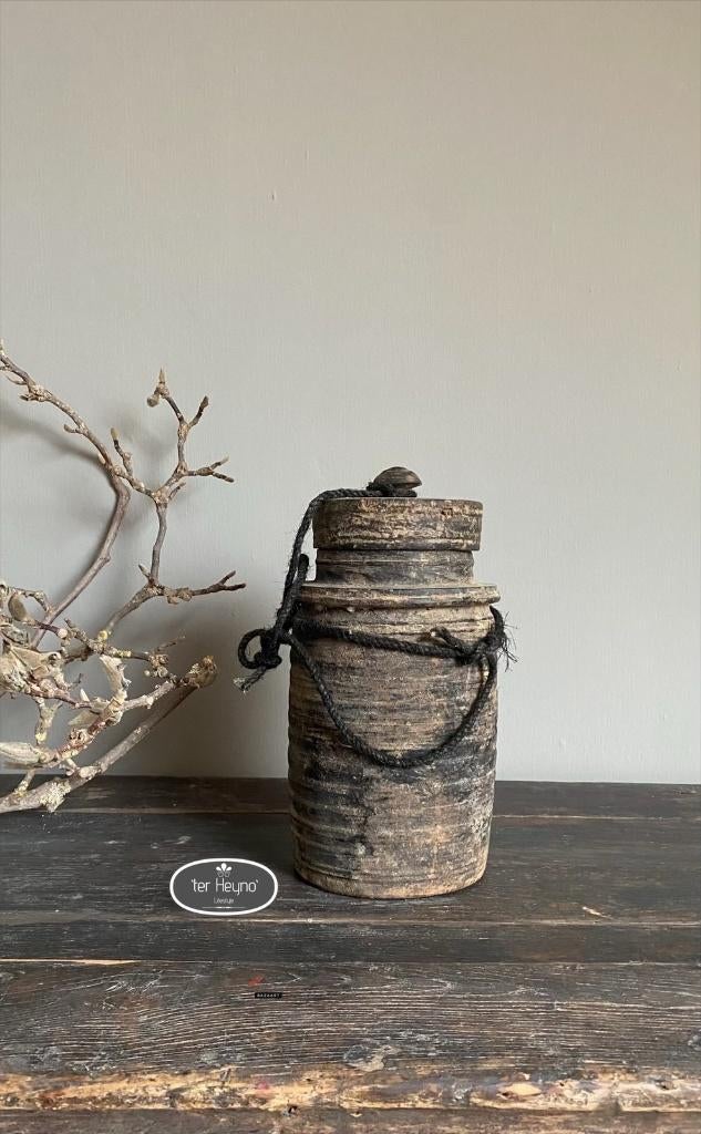 Oude houten kruik pot met deksel hout stoer sober landelijk, Verzenden, Nieuw