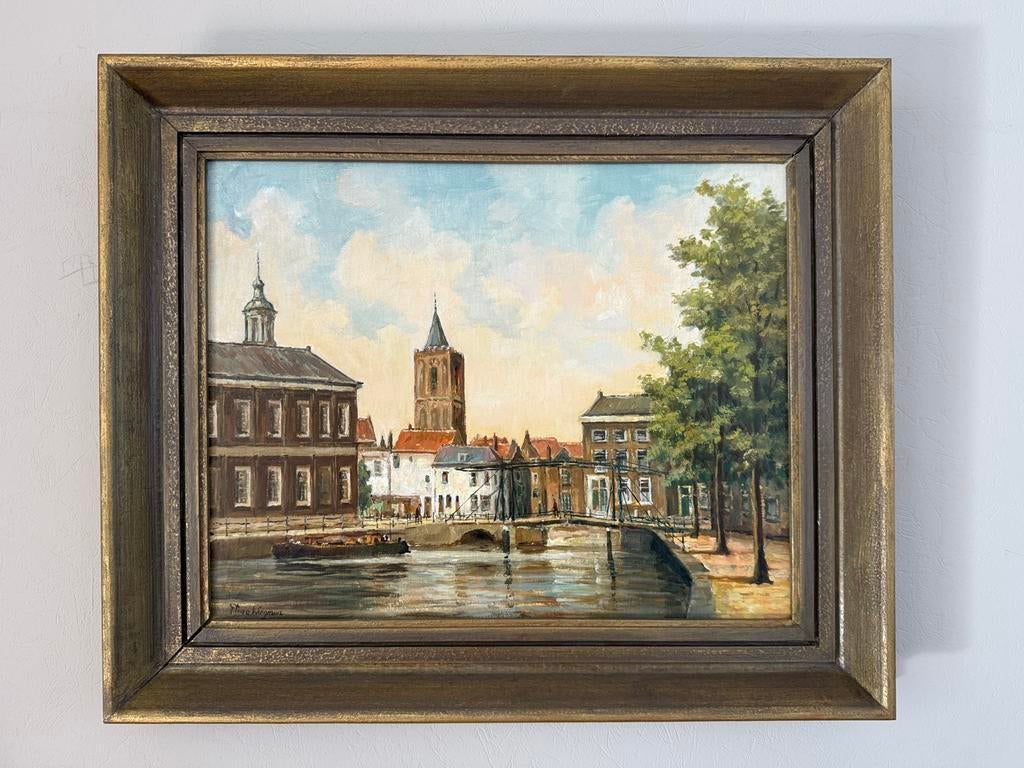 Olieverfschilderij van Theo Wiegman. Korte Haven Schiedam, Ophalen of Verzenden