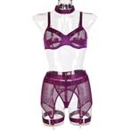 Paars doorzichtig mesh lingerie setje string bh jarretels, Kleding | Dames, Ondergoed en Lingerie, Verzenden, Paars, Setje