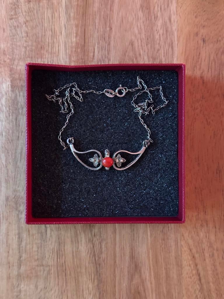 Art Deco 925 Zilveren Collier met Bloedkoraal en Markasiet, Sieraden, Tassen en Uiterlijk, Kettingen, Ophalen of Verzenden, Zo goed als nieuw