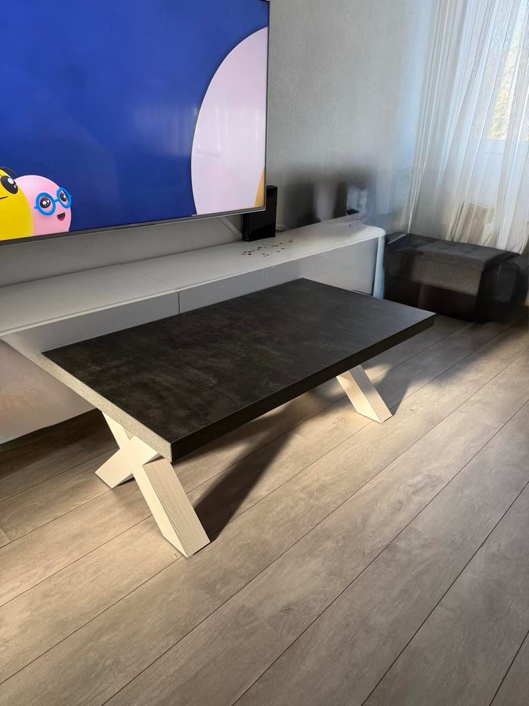 Eettafel en salontafel met antraciet blad en X-poten, Huis en Inrichting, Tafels | Eettafels, Ophalen, Gebruikt, 50 tot 100 cm