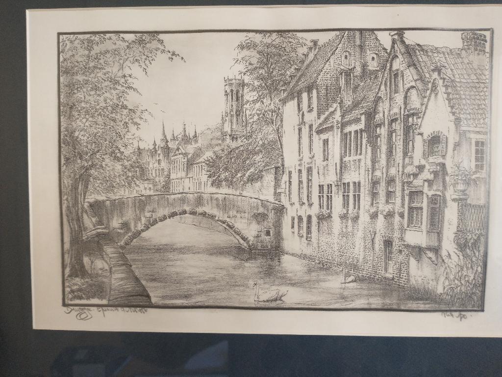 Prachtig gedetailleerde ets Brugge, Antiek en Kunst, Kunst | Etsen en Gravures, 2000 tot heden, Ets, Stadsgezicht, Ophalen of Verzenden