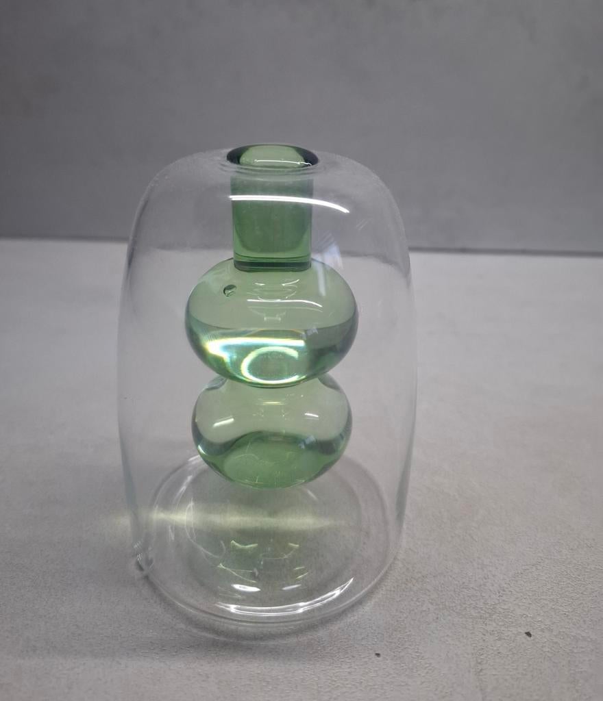 Kleine dubbelwandige transparant vaasje met groen, Ophalen of Verzenden