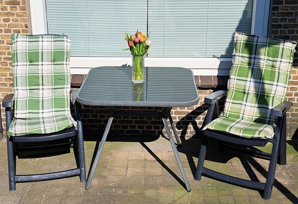 Tuinset met twee stoelen en glazen tafel, Ophalen, 2 zitplaatsen