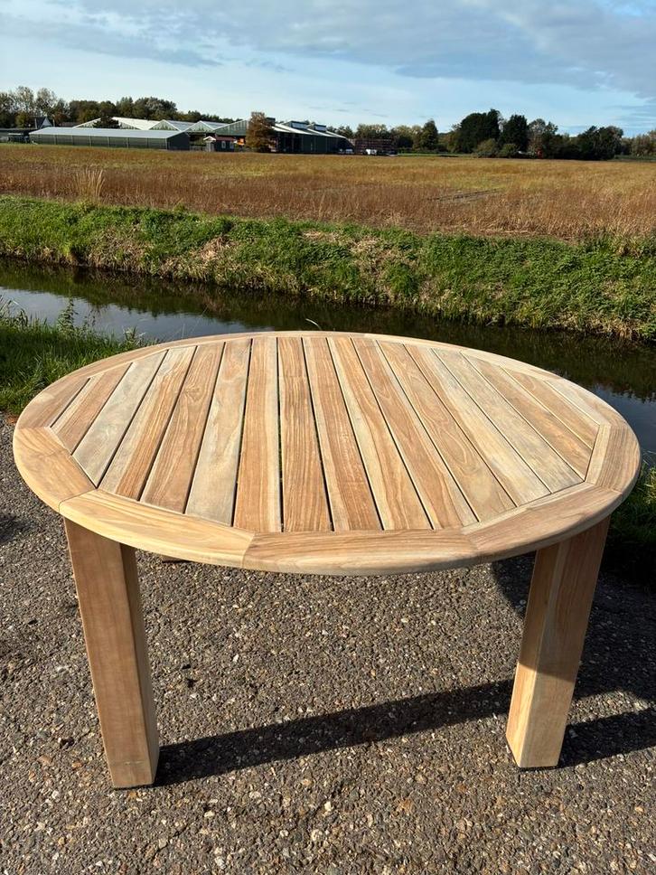 Teak ronde tuintafel 150cm, merk Populair, als NIEUW, Tuin en Terras, Tuintafels, Rechthoekig, Teakhout, Ophalen