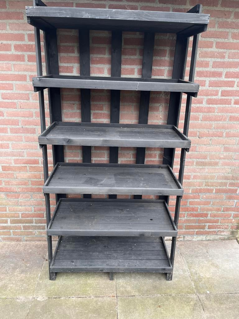 Zwart houten rek met 5 planken, Huis en Inrichting, Kasten | Stellingkasten, Ophalen, Gebruikt