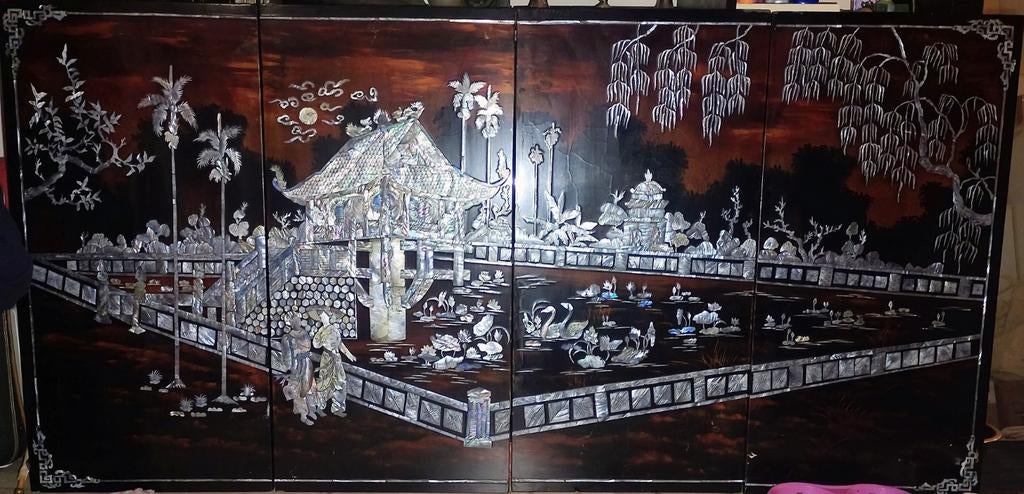 Chinees lakpaneel/kamerscherm met parelmoer inleg–4 panelen, Antiek en Kunst, Ophalen