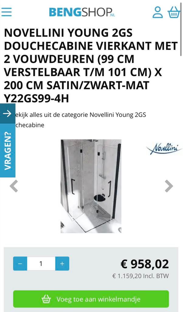 Novellini Young mat zwarte moderne douchecabine satin glas, Ophalen, Nieuw