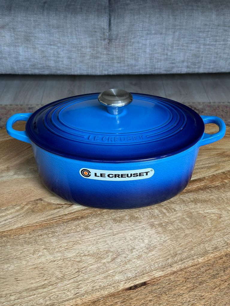Le Creuset gietijzeren braadpan 29 cm – Azure Blauw (ovaal), Ophalen of Verzenden, Nieuw, Gietijzer, Koekenpan of Braadpan