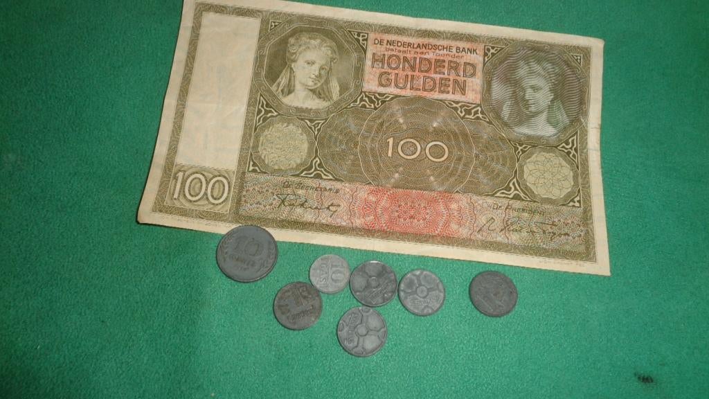 Oorlog wo2 Nederland bankbiljet 100 gulden en zinken munten, Verzenden, Overige soorten, Nederland, Overige typen