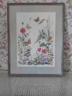 Ingelijst borduurwerk vlinders bloemen 55 x 42 cm, Ophalen, Gebruikt