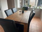 Massief eiken eettafel met 6 leren stoelen, Huis en Inrichting, Ophalen, Gebruikt, Eikenhout, 200 cm of meer