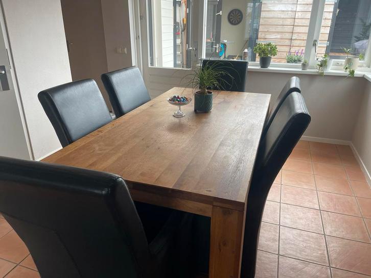 Massief eiken eettafel met 6 leren stoelen, Huis en Inrichting, Tafels | Eettafels, Gebruikt, 50 tot 100 cm, 200 cm of meer, Vijf personen of meer