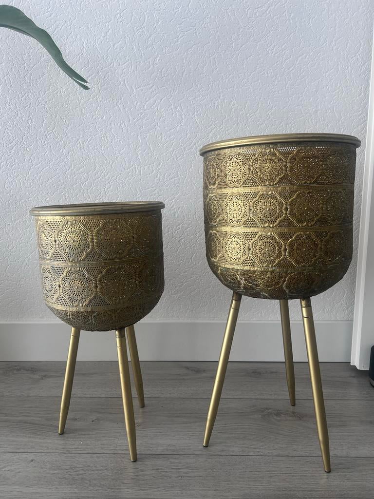 Dutchbone Botanique gouden bloempot op standaard, Rond, Binnen, Zo goed als nieuw, 40 tot 70 cm