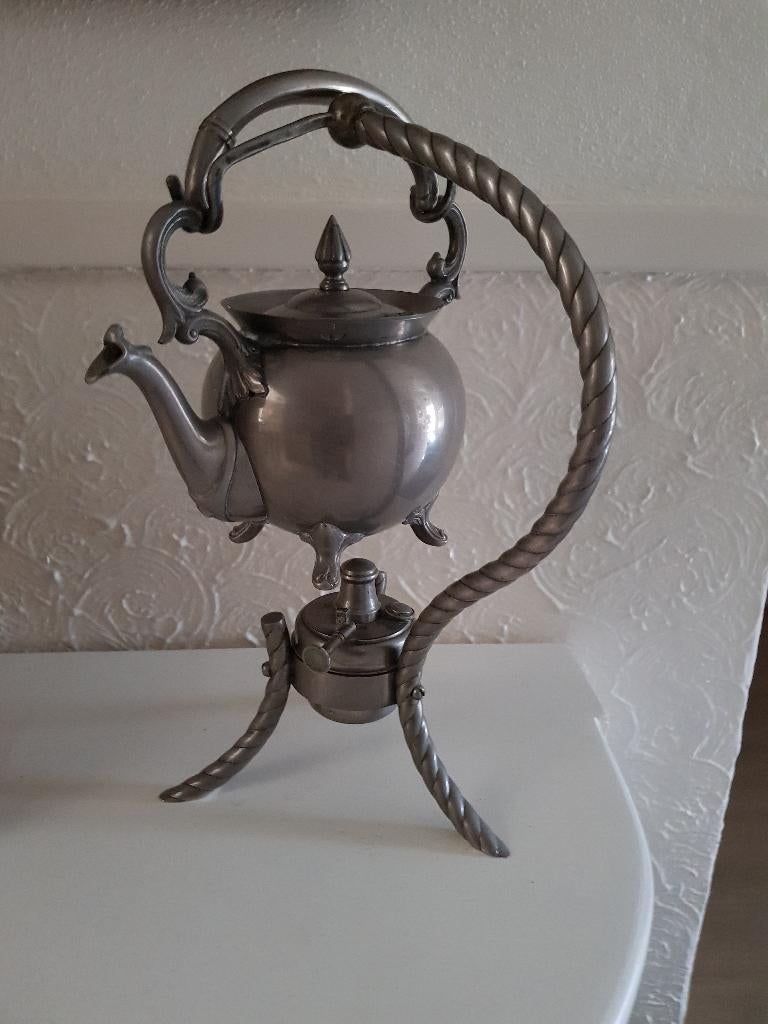 Tinnen schommel theekan met brandertje, Antiek en Kunst, Ophalen of Verzenden