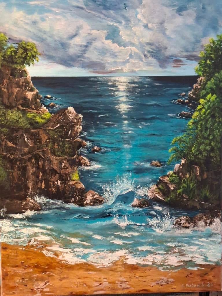 Handgeschilderd schilderij – zee & licht – 55x75 cm, Ophalen of Verzenden