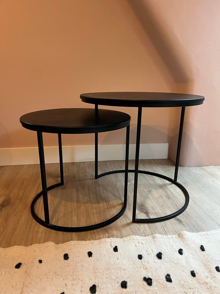 Set van 2 ronde salontafels - Hout met stalen frame, Ophalen, Gebruikt, 50 tot 75 cm, Rond