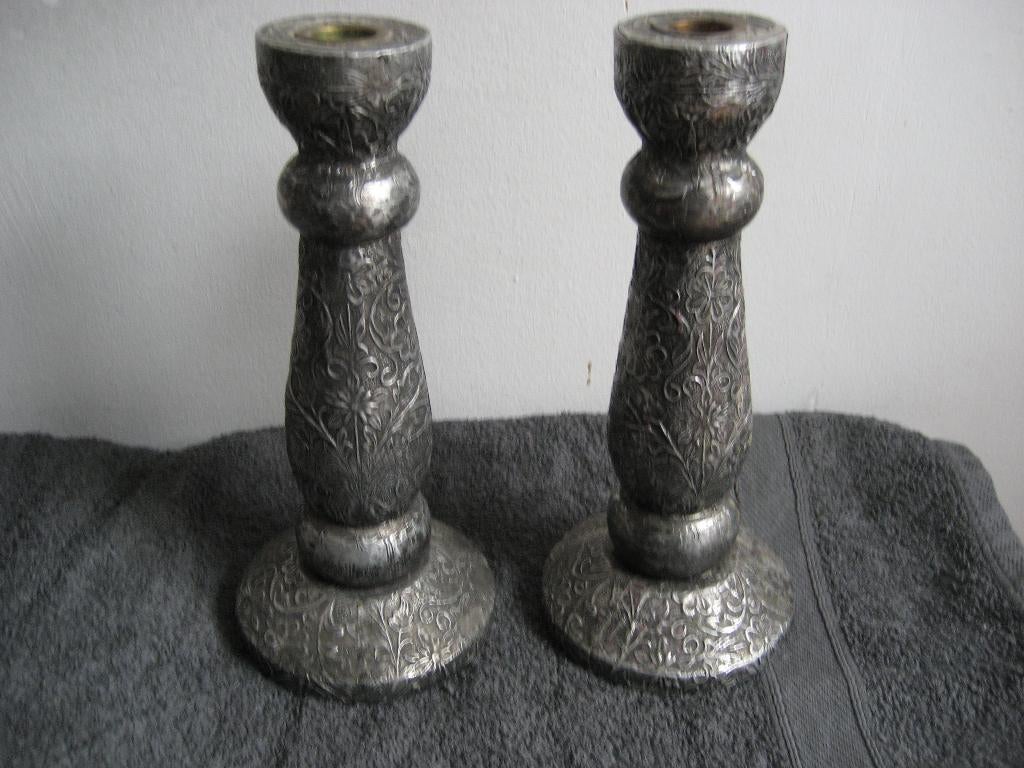 set kandelaars hout bewerkt met metaal, Ophalen of Verzenden, Zo goed als nieuw, Hout, 25 tot 50 cm