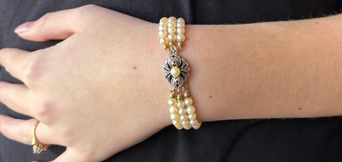 Parel 3-strengs dames armband fraai 18k gouden diamant slot, Sieraden, Tassen en Uiterlijk, Antieke sieraden, Armband, Goud, Met edelsteen
