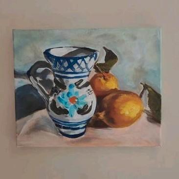 Stilleven acryl op katoen citroen blauwe kan verz.kst NU 1,-, Antiek en Kunst, Kunst | Schilderijen | Abstract, Ophalen of Verzenden
