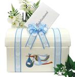 Geboorte enveloppendoos met een blauwe ooievaar erop., Hobby en Vrije tijd, Verzenden, Nieuw, Feestartikel, Geboorte of Huwelijk