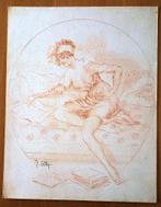 A493-84 Oude tekening schaars geklede vrouw zittende op bank, Ophalen of Verzenden