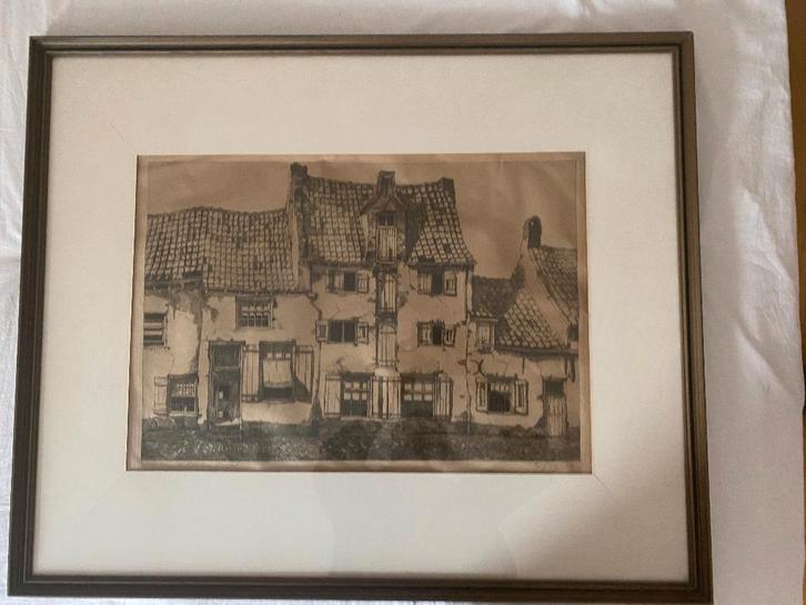 Grote ets, Paternosterstraat Amersfoort, ingelijst, Antiek en Kunst, Kunst | Etsen en Gravures, Ophalen