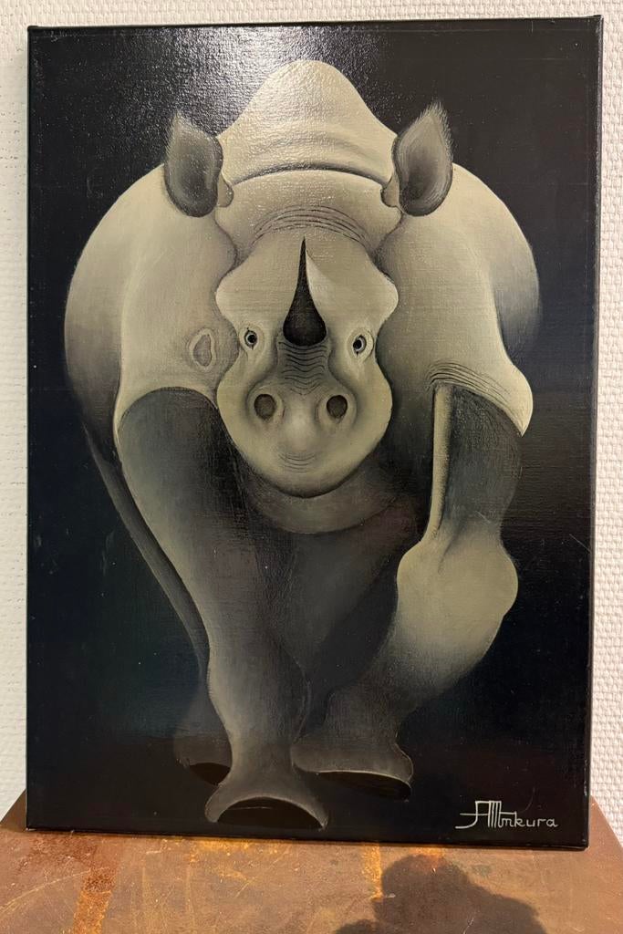 Afrikaans Schilderij van Neushoorn door MR. MKura, Antiek en Kunst, Ophalen