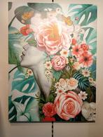 Groot schilderij van vrouw met bloemen en vlinders €225, 75 tot 100 cm, Schilderij, Ophalen of Verzenden, Zo goed als nieuw