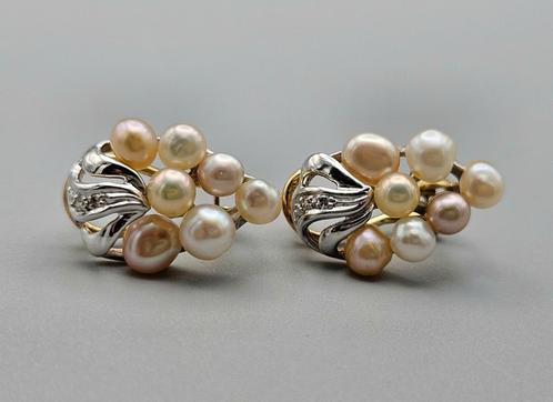 Gouden antieke bi-color oorbellen parel en diamant. 2025/84, Sieraden, Tassen en Uiterlijk, Oorbellen, Zo goed als nieuw, Hangers