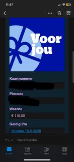 Online Bol cadeau bon ter waarde van 110 euro, Tickets en Kaartjes, Kortingen en Cadeaubonnen, Eén persoon, Cadeaubon, Warenhuis- of Winkelbon