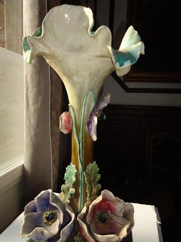 ART NOUVEAU XXL vaas Edouard Gilles? barbotine bloemen c1870