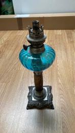 Oude Antieke ? Olielamp met blauw glas, Ophalen of Verzenden