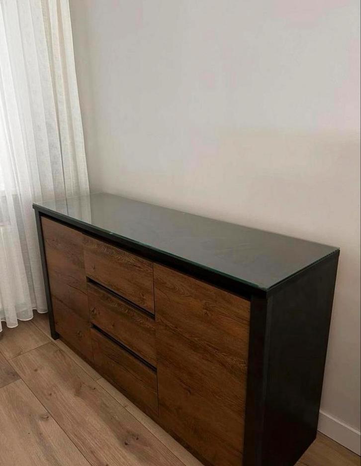 Moderne houtlook & donkergrijze meubel set €325 complete set, Huis en Inrichting, Kasten | Dressoirs, Gebruikt, 25 tot 50 cm, Ophalen