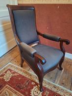 Antieke fauteuil met mahonie frame en stoffen bekleding, Huis en Inrichting, Fauteuils, Hout, Gebruikt, Minder dan 75 cm, 50 tot 75 cm