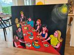 Groot kleurrijk schilderij op doek, vriendinnen tafereel, Antiek en Kunst, Kunst | Schilderijen | Abstract, Ophalen
